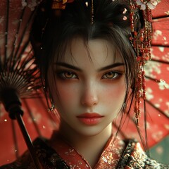 Hyper-realistic portrait of a modern geisha with porcelain skin and adorned hair