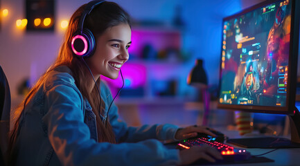 Jovem gamer branca jogando em computador com fones de ouvido, ambiente iluminado com luzes coloridas, criada com IA generativa.