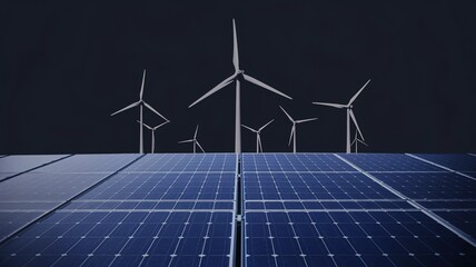 Sustainable Power: A panoramic view of wind turbines and solar panels against a twilight sky, symbolizing a future powered by renewable energy. 