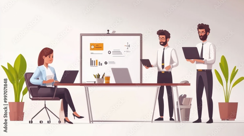 Poster flat design showing a business presentation on a whiteboard with a group of workers.