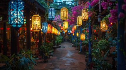 Fototapeta premium Night-time celebration with glowing colorful lanterns, vivid yellows and greens, and festive decorations. Painted flowers adorn the lanterns, casting warm, perfect for spring party Background