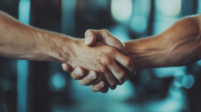 Fitness partners shaking hands as a gesture of teamwork and commitment in the gym
