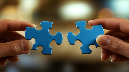 hands connecting 2 blue color puzzle pieces