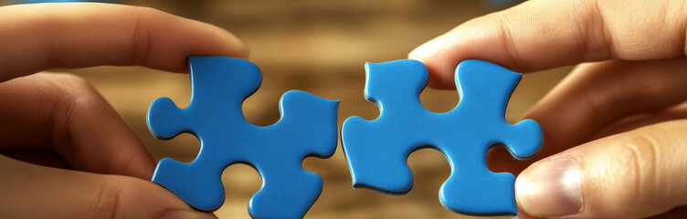 Obraz premium hands connecting 2 blue color puzzle pieces
