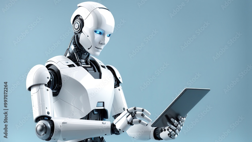 Poster a humanoid robot interacting with a tablet device, showcasing advanced technology.