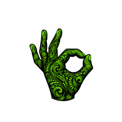  Okay hand gesture, vector illustration, green isolated on white, with intricate patterns and swirls, no shading or gradients.