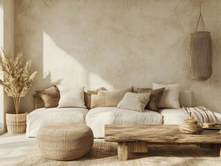 Urban Nomad Chic: Modern Home Interior in Neutral Beige Tones, 3D Render