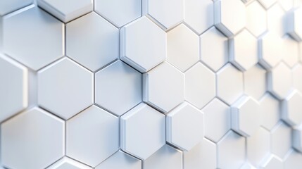 Fototapeta premium White hexagonal tiles with a light texture create a subtle 3D effect on the wall. The hexagons provide a modern touch to the minimalist design while ensuring a clean and simple aesthetic
