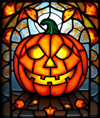 Halloween illustration - Glowing Jack’O Lantern carved pumpkin depicted in a colored backlit stained glass window with ornamented background