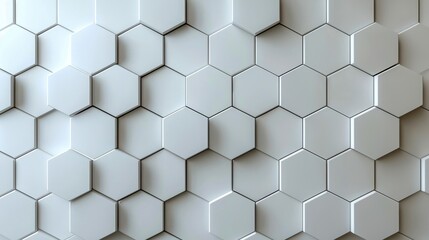 White hexagonal tiles with a light texture create a subtle 3D effect on the wall. The hexagons provide a modern touch to the minimalist design while ensuring a clean and simple aesthetic
