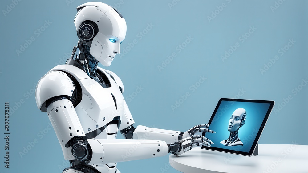 Poster a humanoid robot interacting with a tablet displaying a digital face.