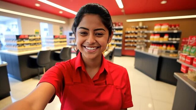 young latin american woman working in a supermarket and taking a selfie
