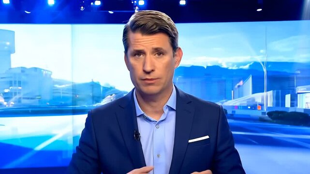 Tv presenter in a blue suit stands in front of a blue screen with a highway, delivering the news