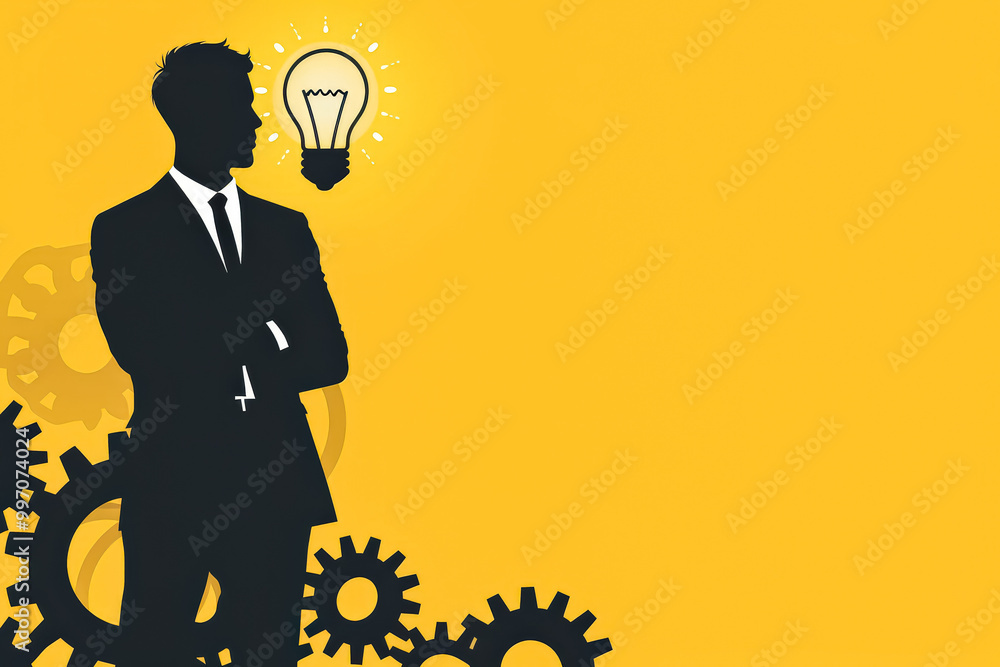 Poster man is standing in front of a yellow background with a light bulb on it. the background has a lot of