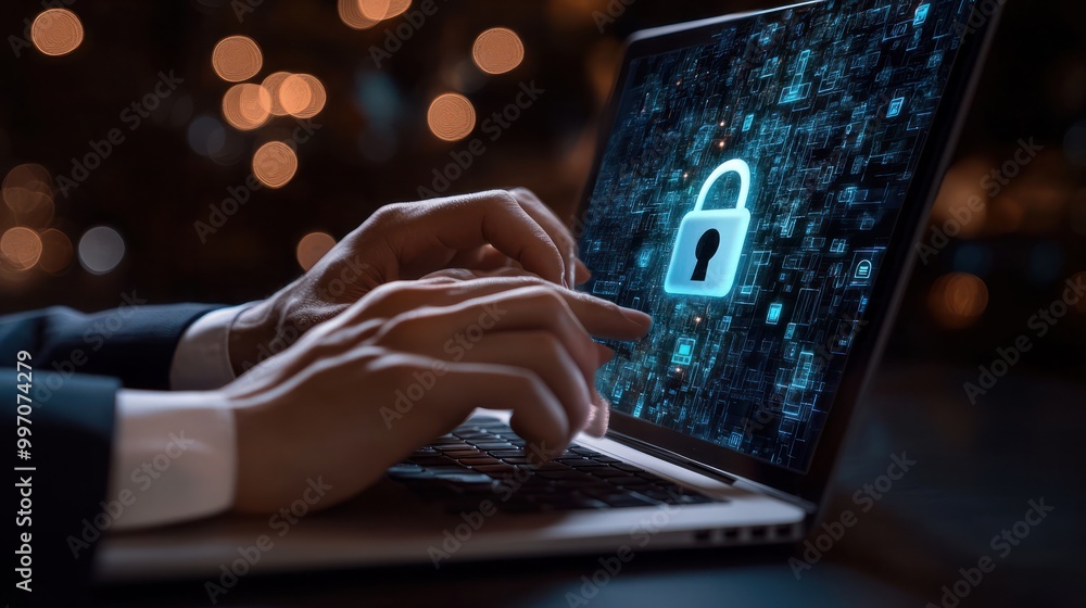 Poster hands of a businessman use a laptop with a virtual padlock icons, cyber and data security concept