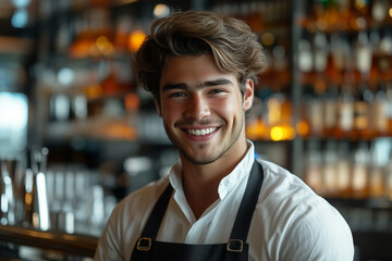 Naklejka premium Caucasian male bartender smiling with confidence in liquor store.