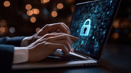 hands of a businessman use a laptop with a virtual padlock icons, cyber and data security concept