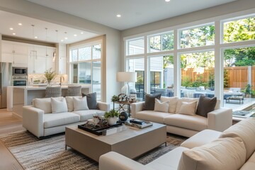 Personalized modern living room interior in a new luxury home, tailored to reflect unique tastes within an open concept layout that includes a kitchen and dining space, framed by picturesque windows.
