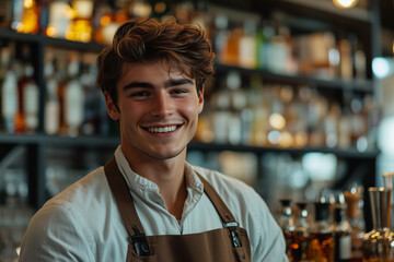 Naklejka premium Caucasian male bartender smiling with confidence in liquor store.
