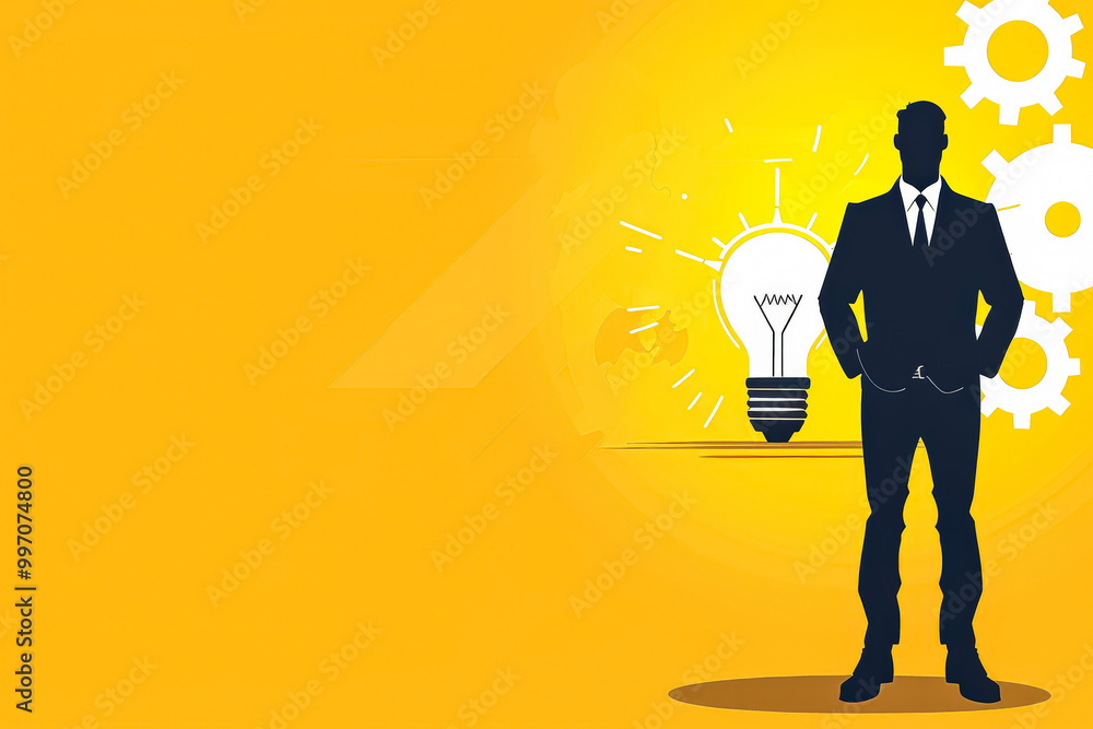 Poster man is standing in front of a yellow background with a light bulb on it. the background has a lot of