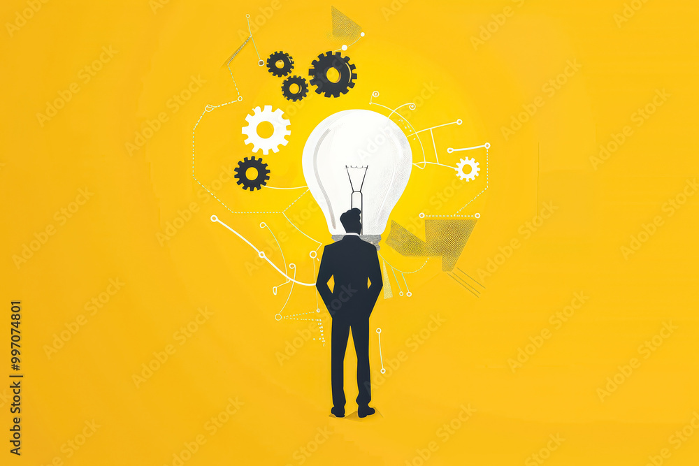 Poster man is standing in front of a yellow background with a light bulb on it. the background has a lot of