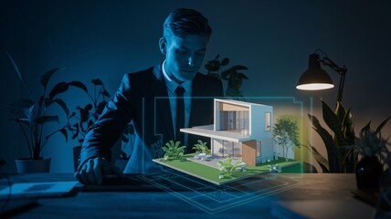 Fototapeta premium Architect's Vision: A young architect meticulously designs a stunning modern home, visualized through holographic technology in a dimly lit workspace.