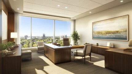 Fototapeta premium Bright and Airy Executive Office with Panoramic City View