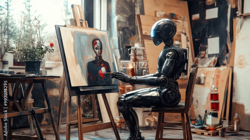 Poster humanoid ai robot working in an art studio painting a picture, art making robot, ai artist that can 