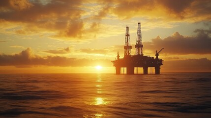 Obraz premium An offshore oil rig stands tall in the sea during a beautiful sunset.