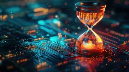 Hourglass with glowing particles on a futuristic circuit board. Concept of time machine, data processing and network technology. Design for wallpaper, tech background, and conceptual art.