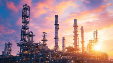 Fototapeta premium An oil refinery or petrochemical plant against a beautiful sunset sky. The factory is working in the evening, producing petrochemicals for various industries.