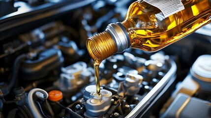Adding oil to a car engine using a bottle on a white background