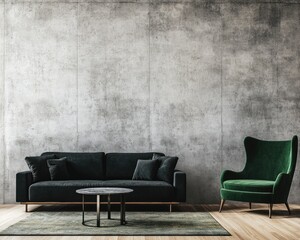 Modern Loft Living Room with Dark Sofa, Green Armchair, and Artistic Concrete Wall Background