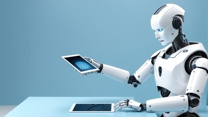 A humanoid robot interacts with a tablet, showcasing technology and innovation.