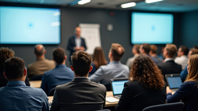 Modern conference room filled with attentive diverse audience listening focused on blurred professional speaker presenter man or college teacher presenting with projection screen in distance at front.
