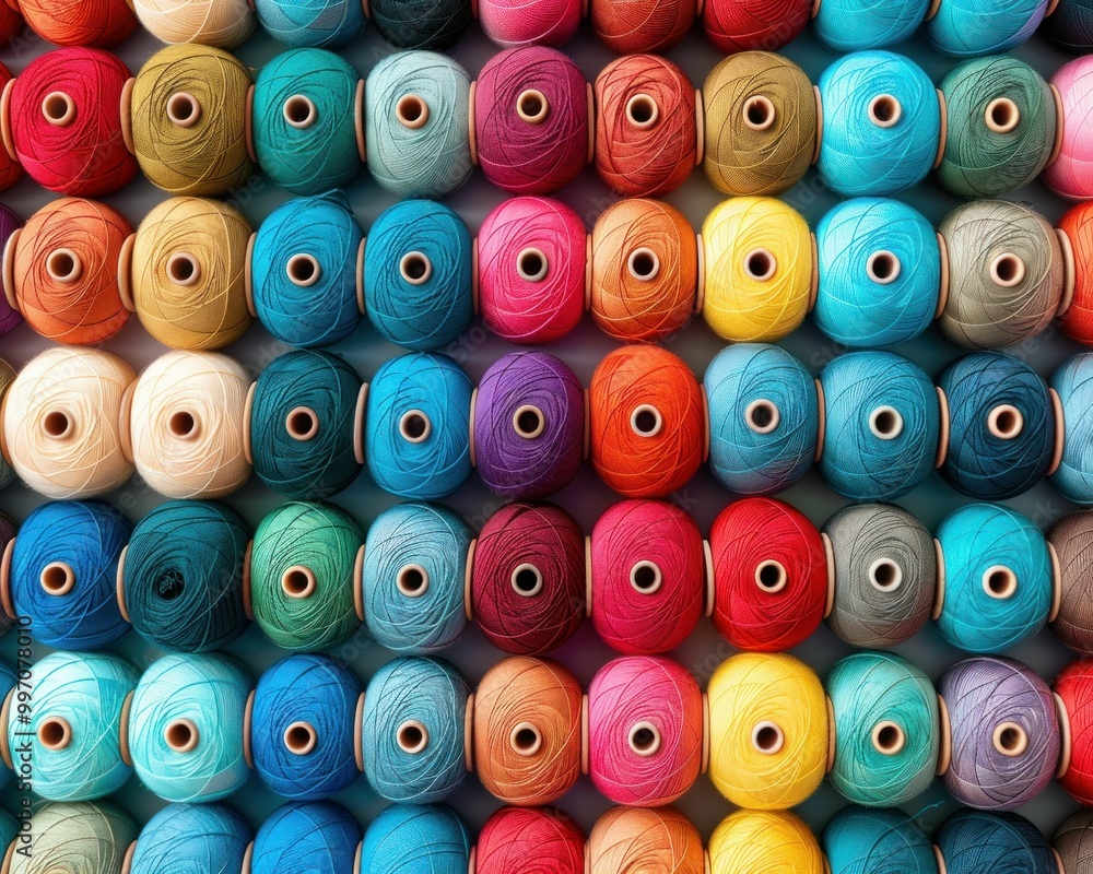 Poster colorful spools of thread neatly arranged in rows, showcasing a vibrant palette of hues and textures