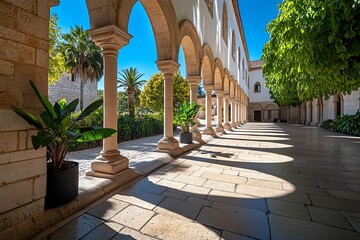 Fototapeta premium Monastery cloisters in AlcobaÃ§a, with long shadows cast across the stone floor, emphasizing the peaceful and historic atmosphere