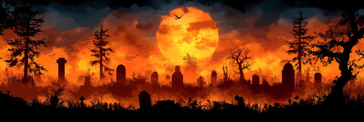 A spooky Halloween scene with a full moon and a graveyard.