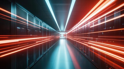 Obraz premium Perspective view down a corridor of a data center with high-speed data transmission illustrated by streaks of light across server racks.