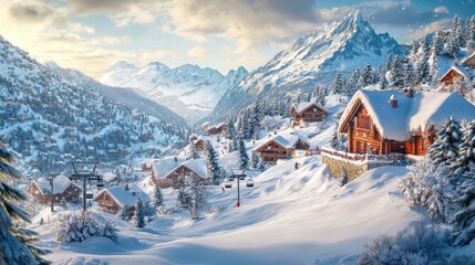 A picturesque winter vacation destination featuring snow-covered mountains, ski lifts, and cozy lodges. The banner promotes exciting holiday travel deals for winter getaways