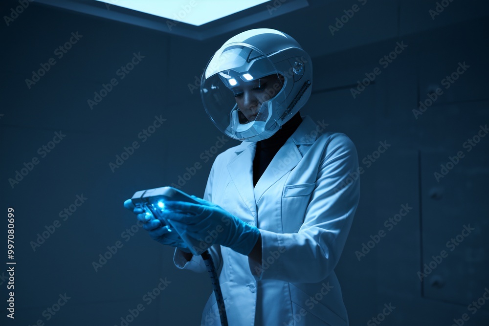 Poster futuristic scientist with high-tech device