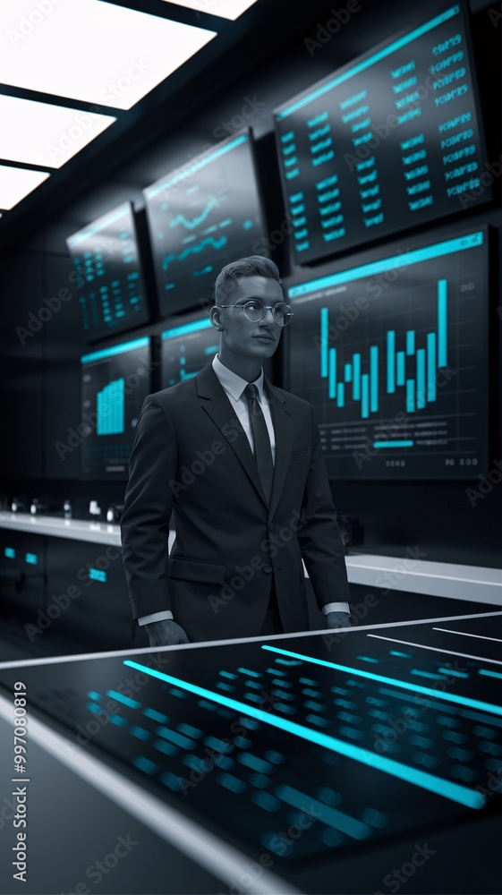 Poster data driven success: a confident businessman stands amidst a futuristic control room, surrounded by 