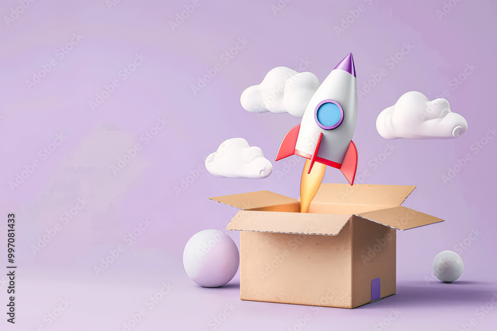 Poster white rocket is in a box with a purple background. there are many colorful balls surrounding the roc