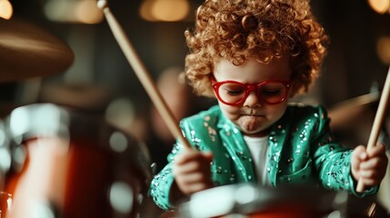 A playful young child with curly hair and red glasses energetically playing the drums, embodying joy, creativity, and childlike enthusiasm.
