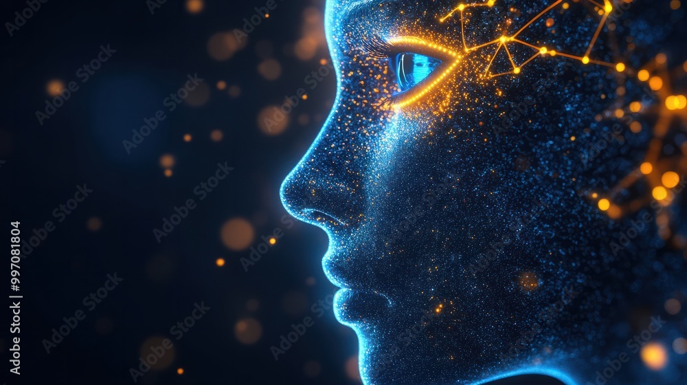 Poster side view of a humanoid head with blue and yellow eyes and vibrant neon neural network, representing