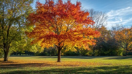 A majestic tree stands in a serene grass field, showcasing its brilliant autumn foliage of red, orange, and yellow leaves under a clear blue sky