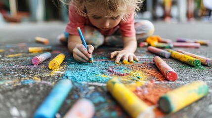 A young blonde child is sitting on the pavement, surrounded by multiple chalks and creating a colorful drawing. The messiness and vibrant colors reflect the joy of creativity.