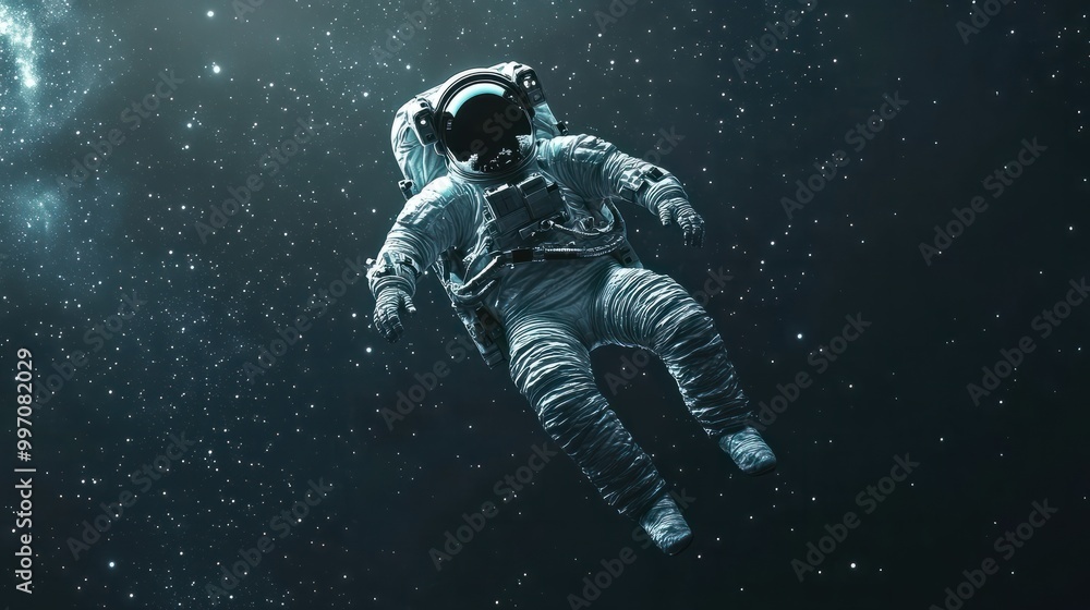 Poster single astronaut floating in space with dust and stars, created using generative ai technology