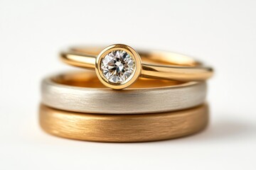 Three gold rings, beautifully stacked, the center ring adorned with a prominent diamond, highlighting luxury and elegance.