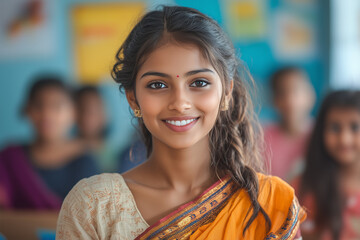 An Indian female teacher wears a sari teaching children in a kindergarten classroom.
